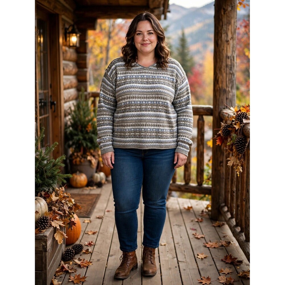 Eddie Bauer Fair Isle Sweater Gray Blue Crewneck Made USA Cozy Granola Nordic